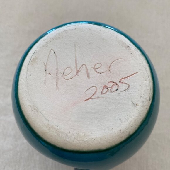 2005 Neher Clay In Motion Hand Warmer Pottery Mug Right Handed Signed Blue Green - Picture 2 of 8